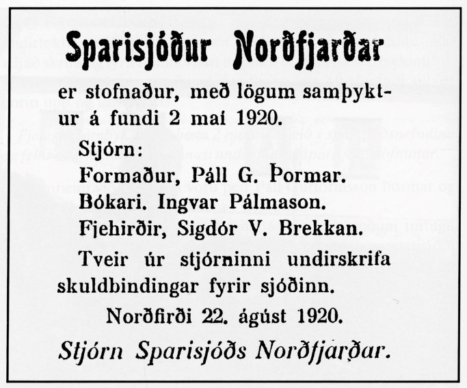Auglýsing um stofnun Sparisjóðs Norðfjarðar